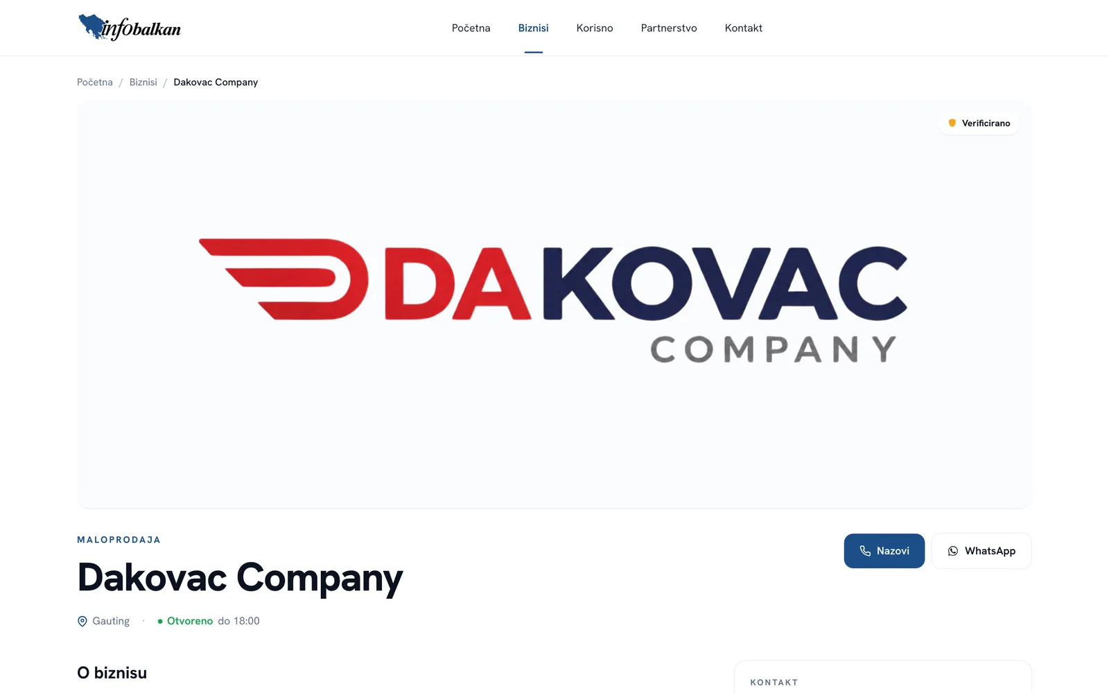 Detailseite eines Unternehmens mit Kontakt