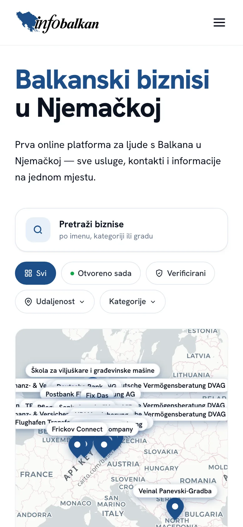 Startseite mit Kartensuche auf dem Smartphone